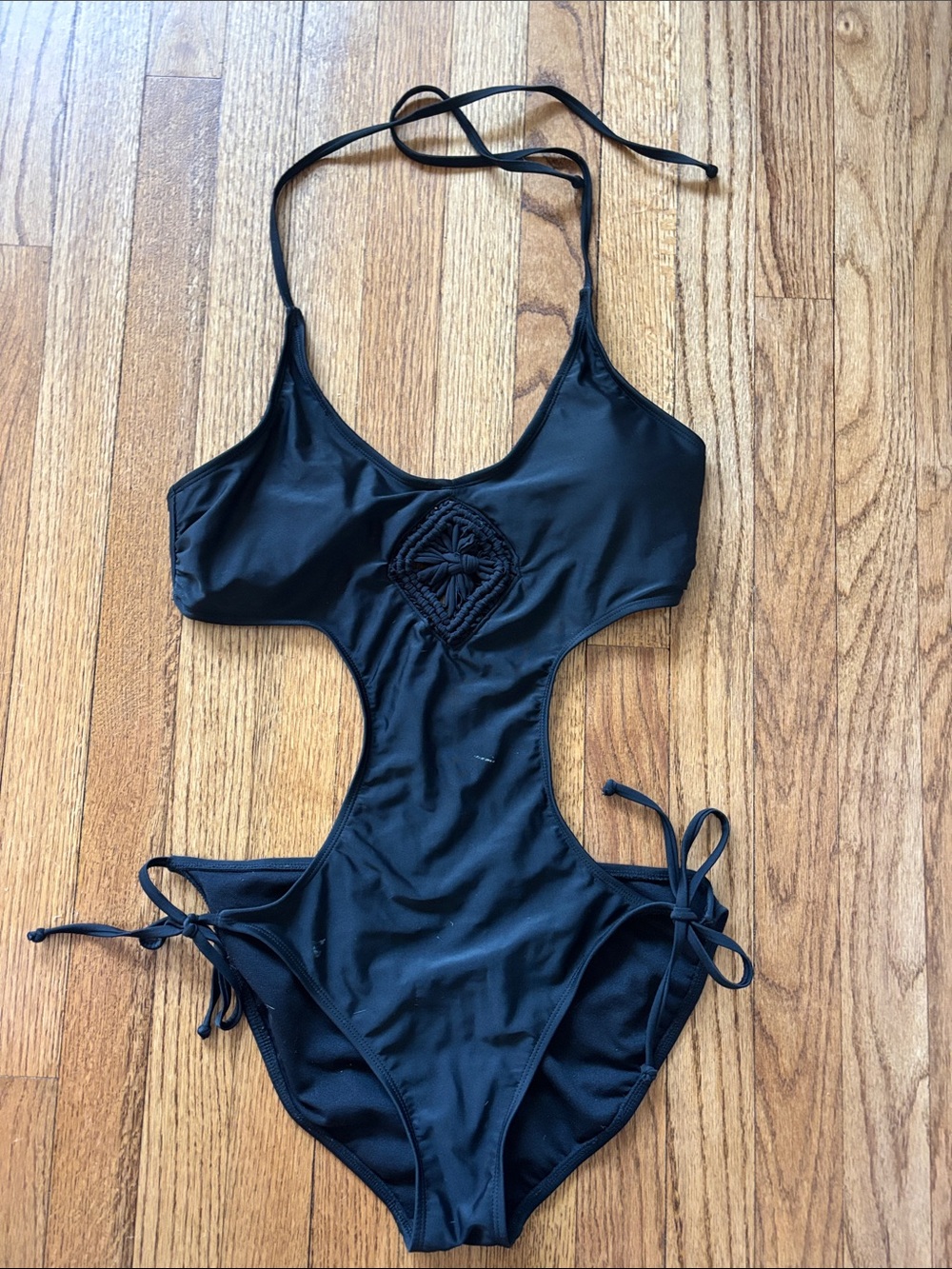 Black Cutout One-Piece Swimsuit with Crochet Detail -L